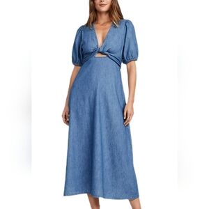 Old Navy Blue Chambray denim Fit & Flare Twist-Front Puff Sleeve Maxi Dress S